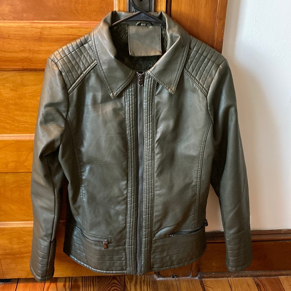Forest green Faux fur lined genuine leather coat
